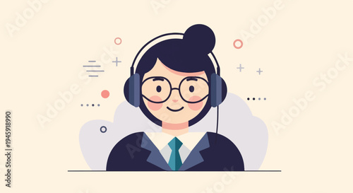 Friendly person wearing headphones and glasses, a business professional