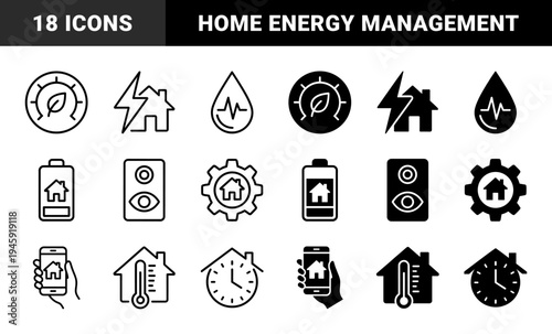 Smart home energy management and eco friendly automation icons featuring hybrid designs of house structures merged with lightning bolts and leaves