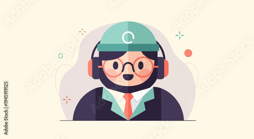 Friendly person with headphones, glasses, hat, and tie