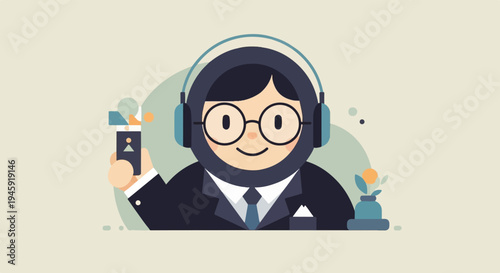 Friendly, professional person with headphones and smartphone, holding it