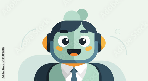 Friendly robot character wearing headphones and a suit, smiling widely