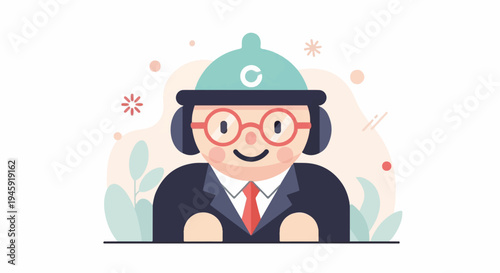 Flat illustration of a smiling person with glasses and a hat