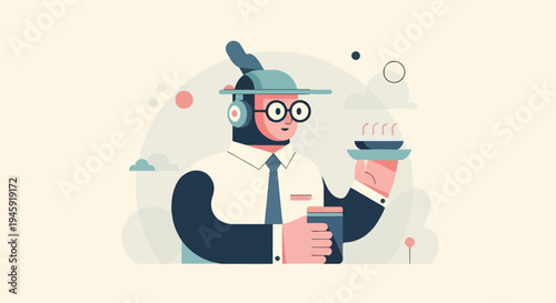 Friendly robot in suit serves hot meal and coffee with headphones