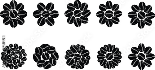 Coffee bean circular pattern, floral design motif, decorative coffee art, radial arrangement illustration, branding icon, packaging symbol, cafe logo inspiration