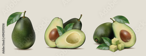 Avocado half realistic set. 3D slice, piece of ripe food. Fresh portion raw product with seed and leaves. Salad plant. Sliced snack, tasty tropical diet. Vector vegan ingredients for natural nutrition