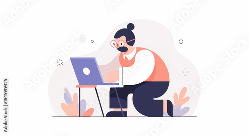 Frustrated person with mustache and bun hairstyle working on a laptop