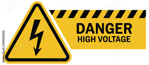 Yellow electrical danger warning sign, high voltage symbol with lightning illustration, ideal for industrial safety, electrical equipment labeling, and hazard alert designs.