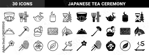 Japanese Zen and Matcha Tea Ceremony Hybrid Icons featuring Lotus Chawan Bamboo Whisk Crane Tetsubin Pagoda Hourglass and Bonsai Tree