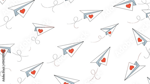 Seamless pattern of white paper airplanes decorated with red hearts and dotted flight paths for travel and love themed backgrounds.