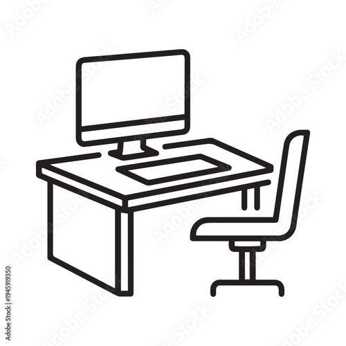Minimalist Line Art Illustration of a Modern Office Workstation Featuring a Desktop Computer, Desk, and Chair for Business Productivity Concepts.