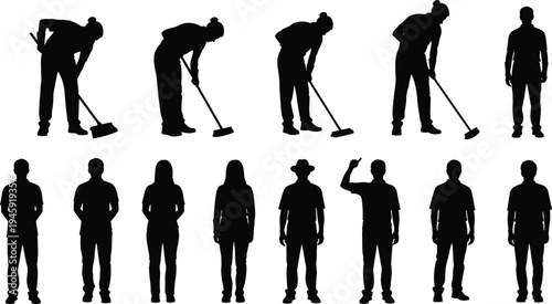 Janitor and worker silhouette collection showing people sweeping floor and standing figures, cleaning staff, sanitation workers and maintenance crew isolated for service industry concepts