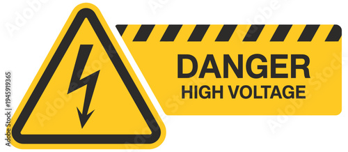 Electrical danger sign, high voltage warning with lightning symbol on yellow background, vector illustration for workplace safety, industrial sites, and electrical hazard alerts.