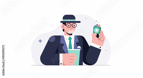 Gentleman in suit with hat holds drink and small square item