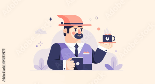 Gentleman with eccentric hat offers a steaming cup of coffee