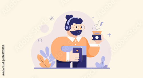 Flat illustration of man with headphones, glasses, and beard holding coffee