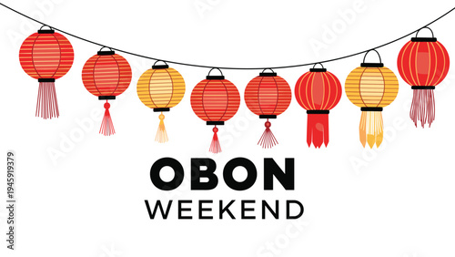Traditional hanging red and yellow lanterns on a string with the text obon weekend for japanese cultural festival celebrations.