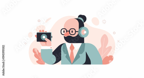 Flat illustration of man in suit with headphones holding camera