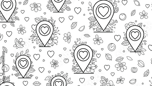Seamless pattern of map location pins containing hearts surrounded by black and white floral sketches for romantic travel themes.