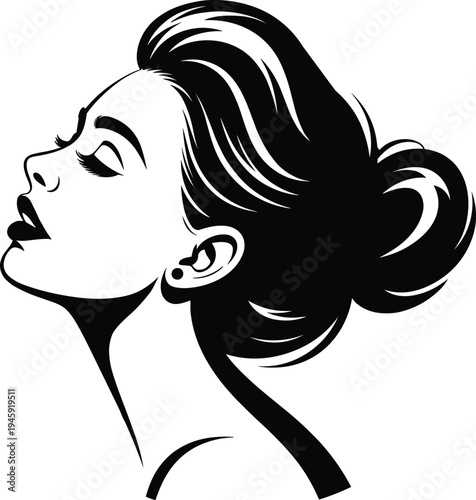 Elegant woman profile silhouette with stylish hair bun, female beauty salon logo, cad drawing flat vector illustration, fashion portrait