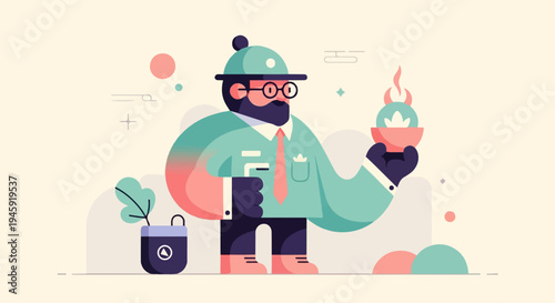 Geometric illustration of a person with a beard holding a plant and a fiery bowl