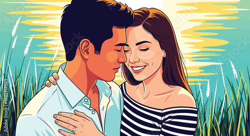 Romantic young couple embracing in a field at sunset