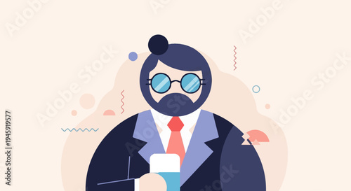 Geometric portrait of a bearded man in a suit holding a drink