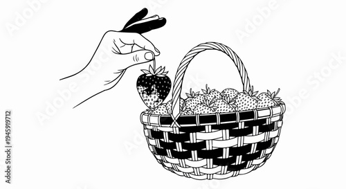 Hand holds a strawberry above a basket overflowing with fruit