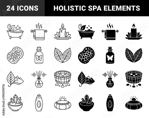 Wellness and holistic spa symbols featuring hybrid organic designs with balanced outline and solid styles for luxury therapy and relaxation branding