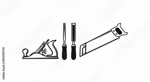 Hand-drawn depiction of woodworking tools a plane, two chisels, and a saw