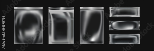 Realistic packaging. 3D transparent box for food. Clear container mockup. Candy advertising bag design. Plastic empty pack for branding. Snack wrap. Isolated clear package. Vector product pouches set