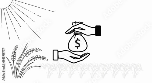 Hands exchange money bag over rice field under sun