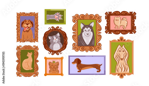 Pet photograph frame. Dog photo. Home animal portrait. Cat picture. Wall painting. Cartoon vintage label for interior. Kitty snapshot. Decoration isolated element. Vector retro ornament frameworks set