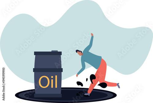 man creating a splash in a puddle of oil near an oil barrel. Symbol of oil spill, environmental pollution.