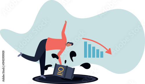 Falling Oil Prices Concept . Man Catching Overturned Oil Barrel Near Oil Spill and Downward Chart Vector Illustration.
