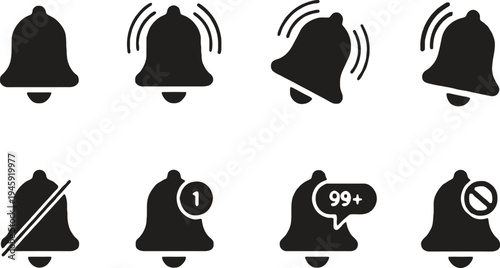 Notification bell icons collection with alert ringing mute and message symbols user interface vector illustration isolated background