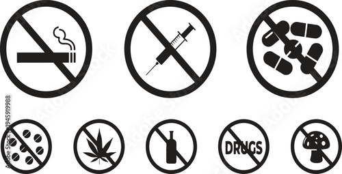 No drugs prohibition icons set with cigarette syringe pills alcohol and cannabis warning symbols vector illustration isolated background