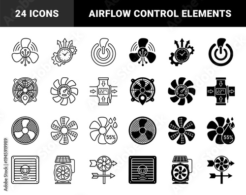 Ventilation and Airflow Control Icons Featuring Hybrid Designs Merging Fans with Solar Panels Humidity Sensors Temperature Gauges and Smart Circuitry