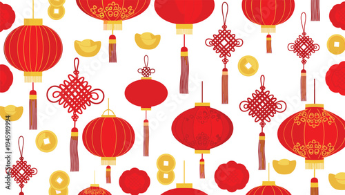 Traditional Chinese New Year pattern with red lanterns, golden lucky knots, and shiny gold coins scattered over a clean white background for events.