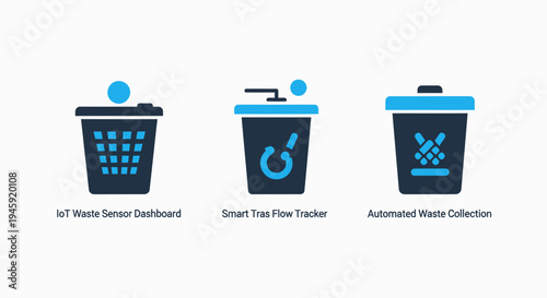 Waste management icons: smart bin, flow tracker, automated collection, iot, recycling, sustainability, technology