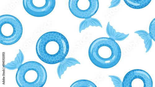 Playful seamless pattern of blue inflatable pool rings with mermaid tail accents scattered across a clean white background for summer themes.