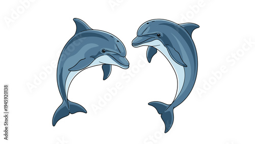 Cheerful illustration of two playful blue dolphins leaping gracefully into the air against a simple white background for marine life themes.