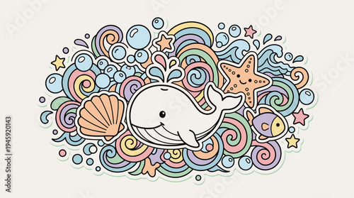 Cute Marine Life Doodle Collage Vector Illustration, Pastel Ocean Animal Sticker Design with Whale