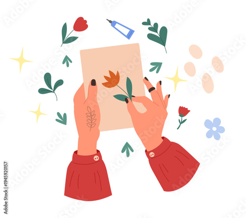 Handmade crafts. Person making applique. Woman gluing flowers and leaves at paper. Hobby and craftsmanship. Female hands with blooming blossom. Handicraft workshop. Vector creative botanical artisan