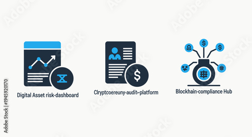 Financial risk dashboard and blockchain compliance icons
