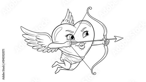 Playful line art illustration of a heart-shaped cupid character with wings holding a bow and arrow ready for romantic matchmaking during valentines.