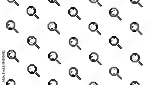 Minimalist geometric pixel art pattern featuring small black and white magnifying glass icons repeated across a clean white background for search.
