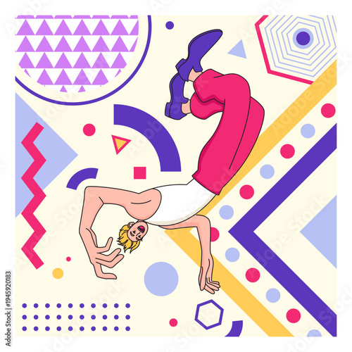 Creative geometric card. Cartoon young character. Happy guy portrait. Excited man flying. Abstract shapes. Free flight. Flat figures or color spots. Floating pose. Joyful person. Vector banner design