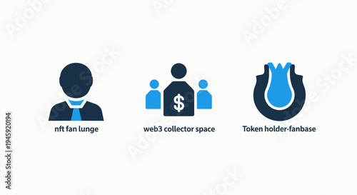 Web3 & nft icons: fanbase, collector space, token holder community, cryptocurrency, non fungible, fan engagement