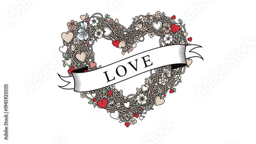 Charming heart-shaped wreath made of vines, flowers, and tiny hearts with a central banner displaying the word Love in a vintage style art.