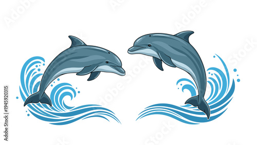 Two elegant blue dolphins jumping out of stylized water waves in a symmetrical composition over a plain white background for sea life art.